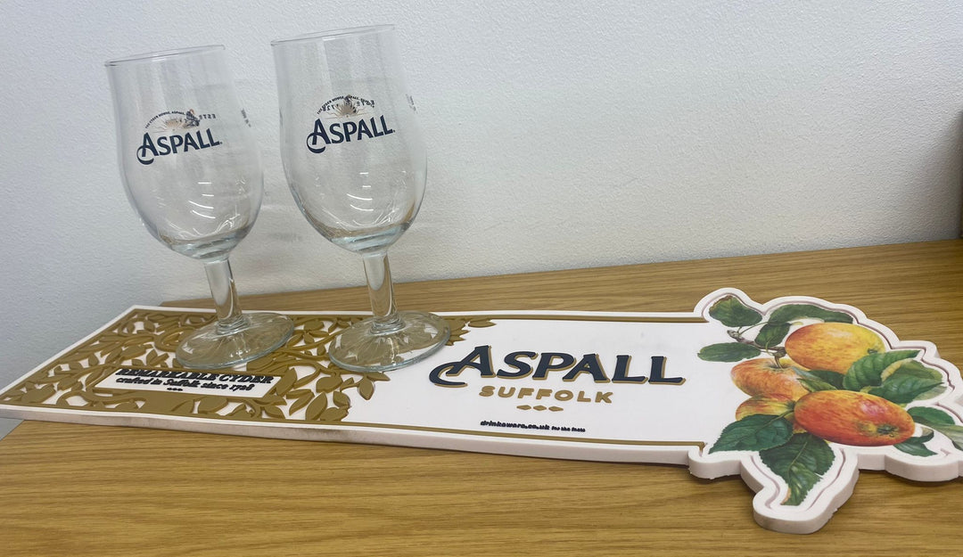 2 x aspall pint glasses and aspall bar runner