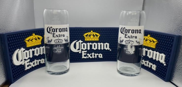 2 x nucleated Corona pints and corona extra  rubber bar runner