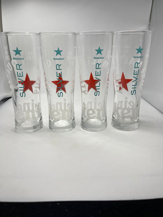 Full box (24) of nucleated Heineken silver half pint glasses 10oz