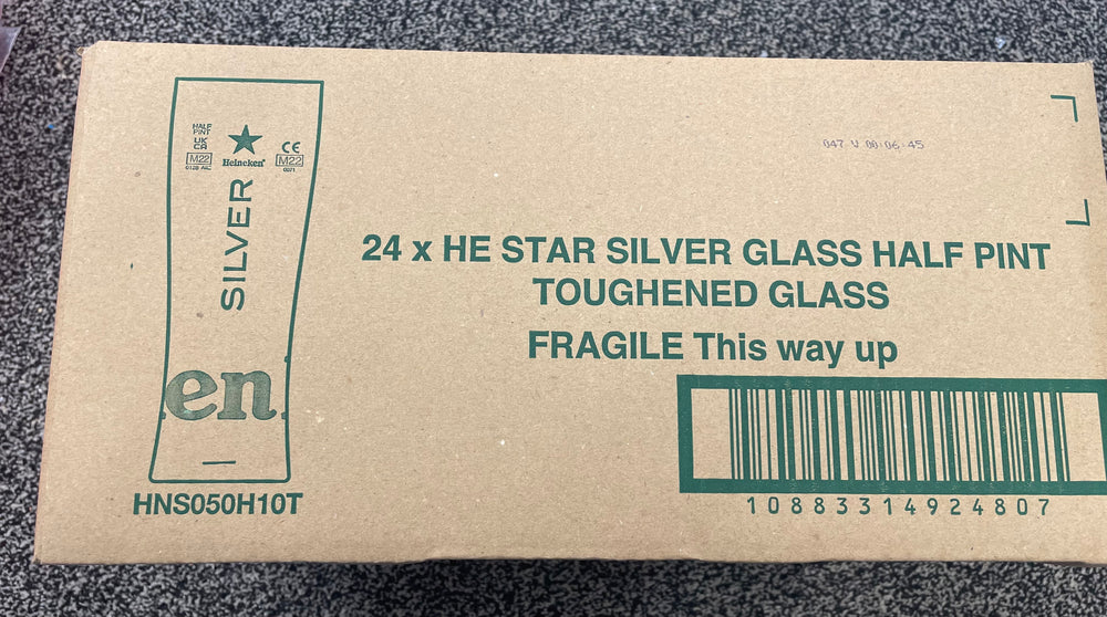 Full box (24) of nucleated Heineken silver half pint glasses 10oz