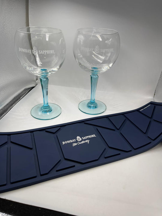 Bombay sapphire bar runner and 2 x Bombay sapphire gin balloon glasses