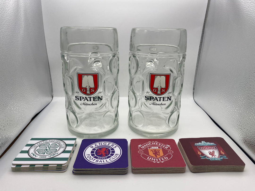 2 x litre spaten/lowenbrau litre steins and 5 free beer mats