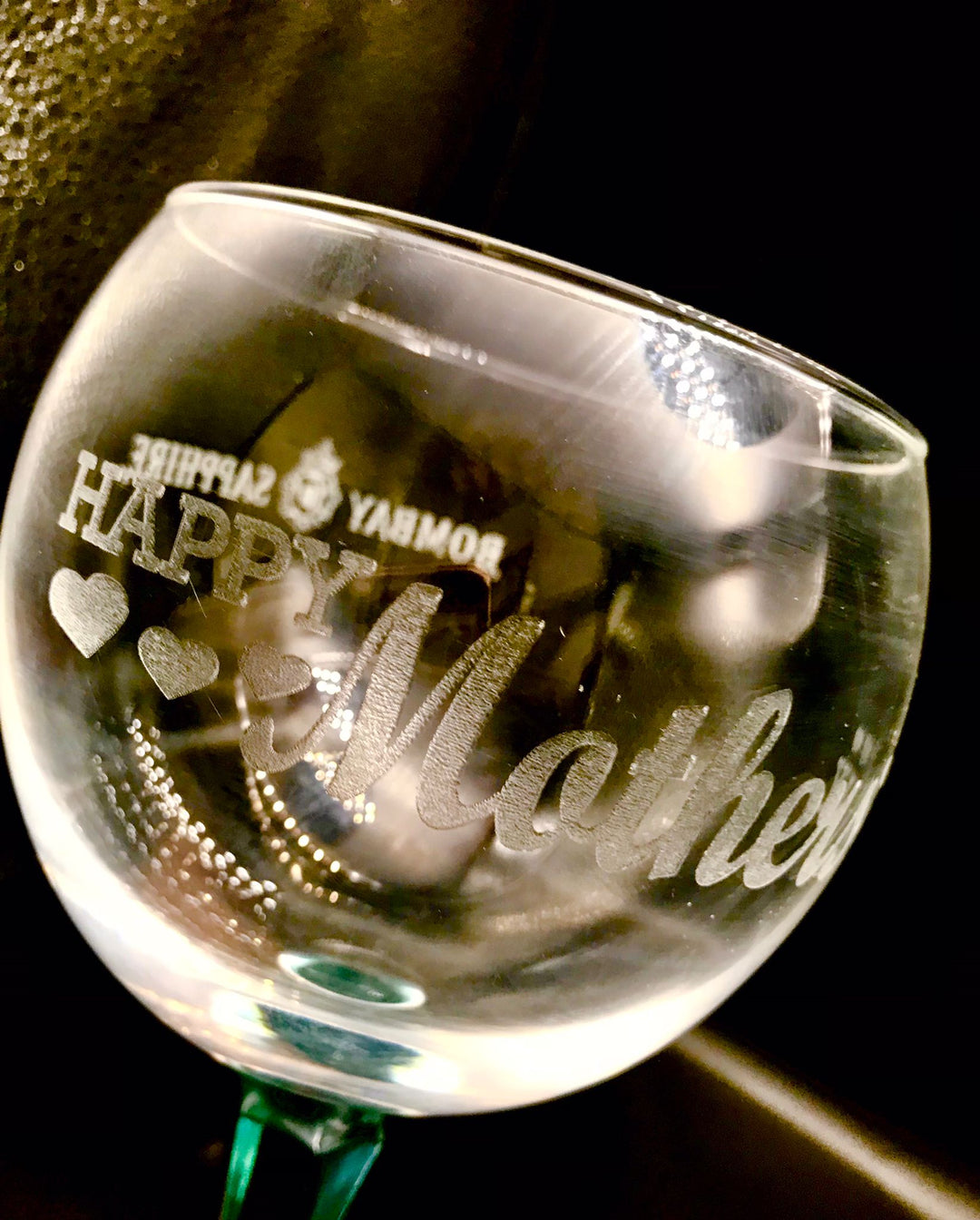 Bombay sapphire engraved “Happy Mother’s Day” glass